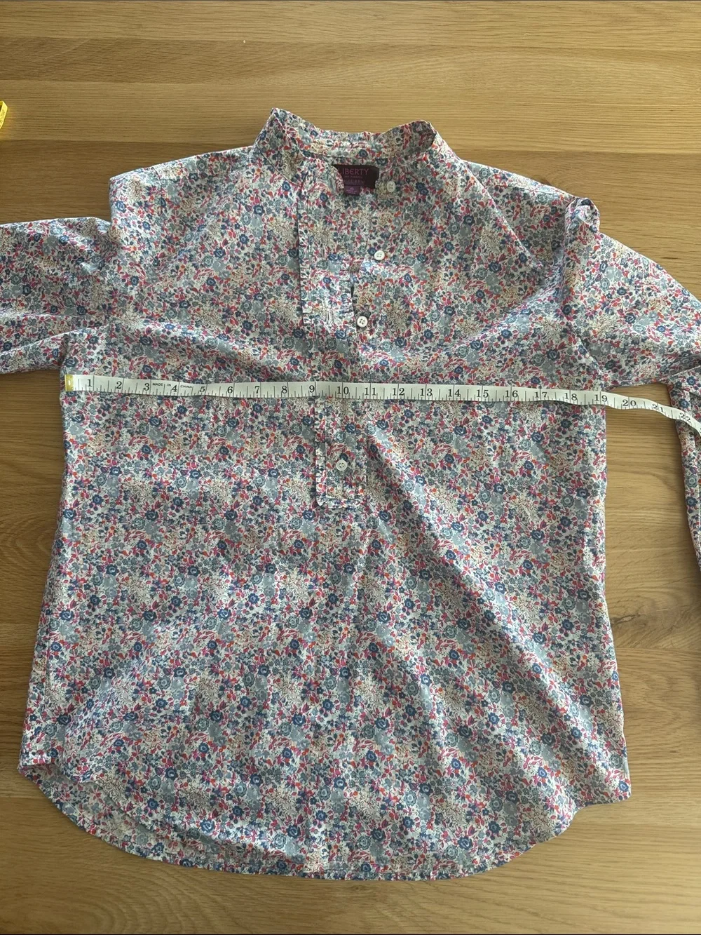 J. Crew Pink and Blue Floral Ruffle Band-Collar Popover Button-Up Blouse